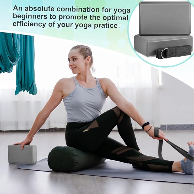Meooeck 18 Pcs Yoga Block and Strap Set 9 x 6 x 3 Inch EVA Foam Non Slip Brick 8 ft Yoga Straps for Stretching D Ring Design for Back to School Pilates Fitness Workout Exercise-FlexoryFit