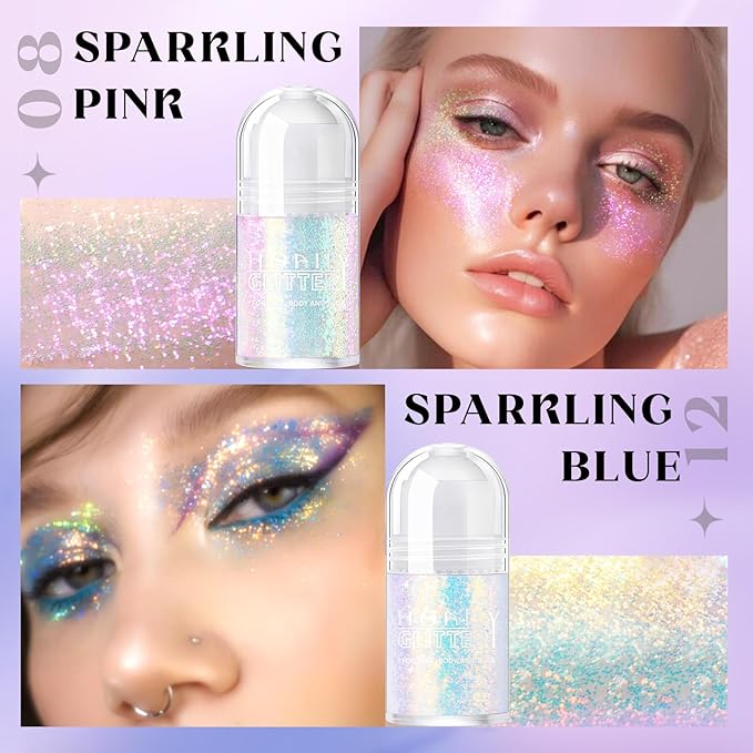 2 Colors Roll-on Body Glitter Gel, Holographic Glitter Gel Under Light for Face Hair, Body Shimmer for Rave Accessories Christmas New Year Halloween Makeup (8+12)-FlexoryFit