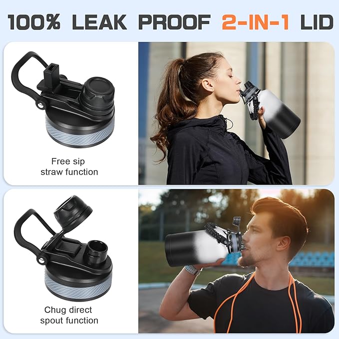 Insulated Water Bottle 64 oz, Half Gallon Water Jug Cold 48H, BPA Free Stainless Steel Bottles with Straw/Chug 2-in-1 Lid, Bag, Paracord Handle, Silicone Boot, Sports Gym School Metal Flask-FlexoryFit