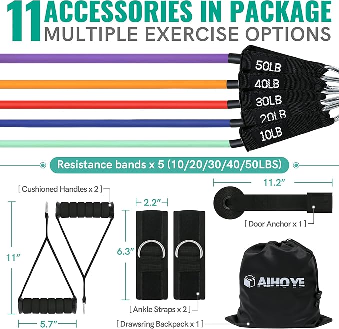 Aihoye Resistance Bands for Working Out, Exercise Bands with Handles, Stretch Bands for Exercise, Workout Bands with Door Anchors for Physical Therapy & Strength Training-FlexoryFit