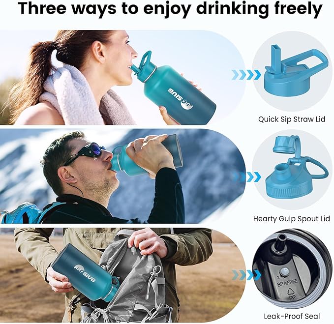 Insulated Water Bottle 64 oz, Triple Wall Vacuum Stainless Steel(Cold for 48 Hrs),Leak Proof & BPA-Free,Half Gallon Water Bottle with Reflective Paracord & Flip Straw for Sports & Travel, CyanBlue-FlexoryFit