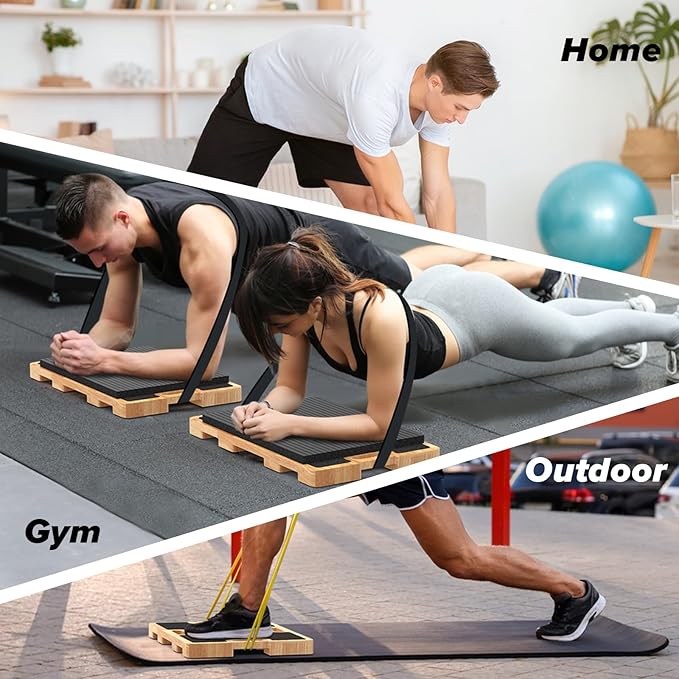 Wooden Resistance Band Foot Plate, Non-Slip Exercise Board with Free Soft Pad & Drawstring Bag for Strength Training, Stretching & Balance, Home Gym Fitness Platform for Full-Body Exercises-FlexoryFit