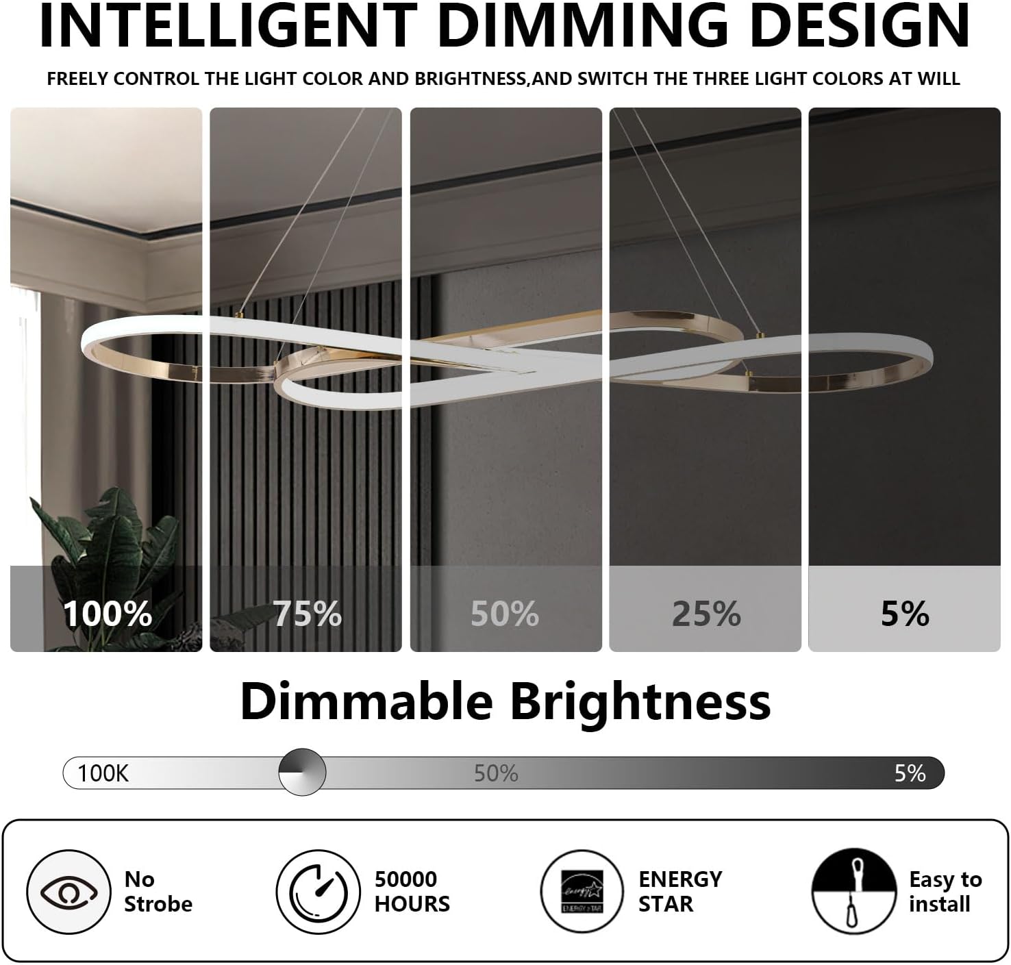 Modern Led Pendant Light for Kitchen Island Lighting Modern Gold Chandelier for Dining Room Light Fixture Over Table,Led Chandelier Light Fixture Height Adjusted (Electroplated Gold)