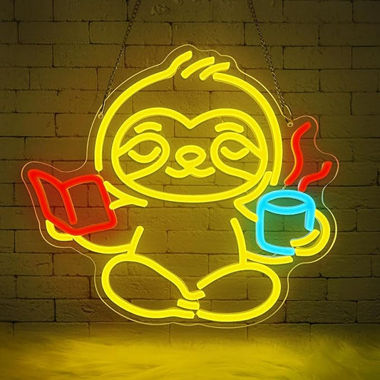 Sloth Neon Sign,Classroom Neon SIign,Neon Sign for Classroom,LED Light Up Reading Coffee Sign for Bedroom,Living Room,Home Office,Kids Room,Cute Animal Neon Wall Art for Book Lovers