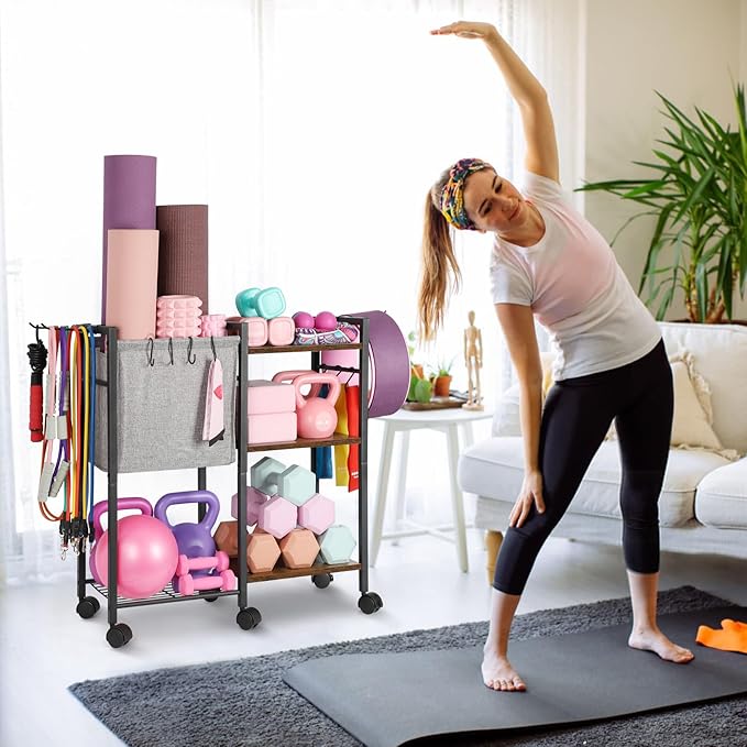 Yoga Mat Storage Rack Home Gym Equipment Organizer Holder for Foam Roller Dumbbells Kettlebells Resistance Bands and More Accessories Women Men Workout Organization with Hooks Wheels (Black)-FlexoryFit