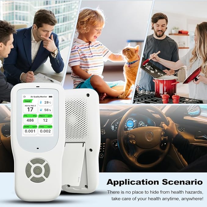 Air Quality Monitor Indoor, Handheld Air Quality Detector with Stand, Real-Time Air Meter Test AQI, PM1.0, PM2.5, PM10, CO2, TVOC, HCHO, Temperature and Humidity with Alert -White