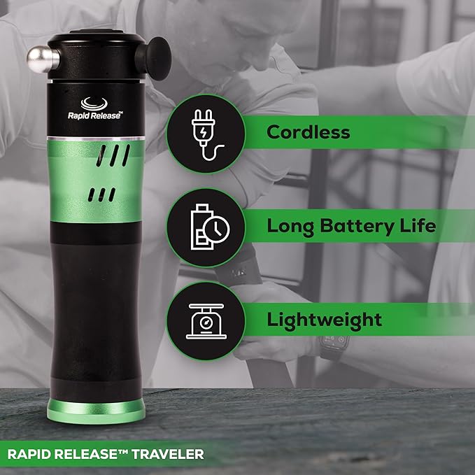 Rapid Release Traveler Cordless Handheld Muscle Massager – Rechargeable Compact Massager – Portable Massager for Face, Feet, Neck, Hands, TMJ – for Fitness and Health Enthusiasts