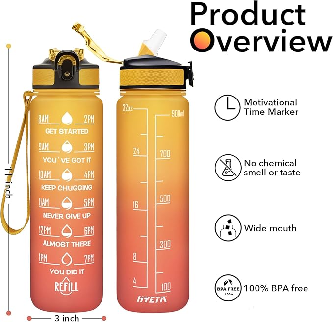 Hyeta 32 oz Water Bottles with Times to Drink and Straw, Motivational Water Bottle with Time Marker, Leakproof, Drinking Sports Water Bottle for Fitness, Gym and Outdoor-FlexoryFit