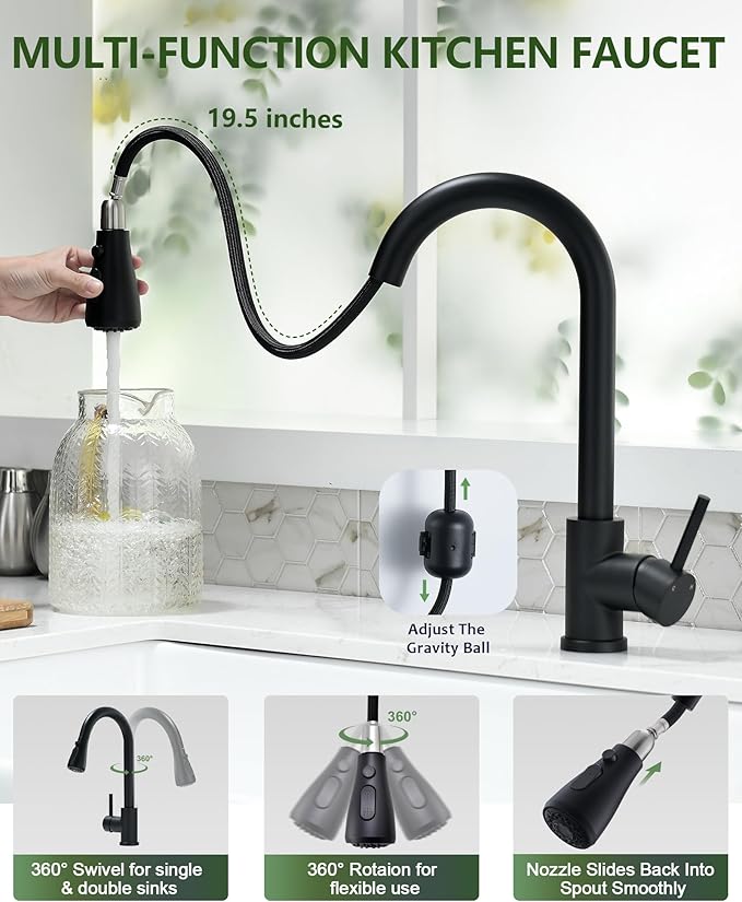 Black Kitchen Faucet with Pull Down Sprayer, VFAUOSIT Industrial Commercial Stainless Steel Single Handle Single Hole 3 Hole RV Laundry Pull Down Pull Out Gooseneck Kitchen Sink Faucets Matte Black