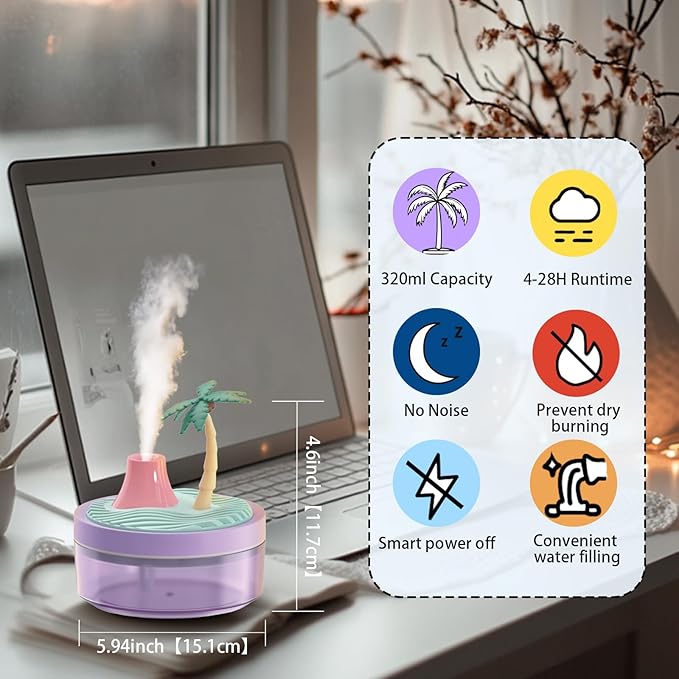 Cute Mini Humidifier 320mL Cool Mist Humidifie mute with 2 Mist Modes, for Home/Nursery/Office, Portable Mini Air Moisturizer,rechargeable mini humidifier(Coconut tree)