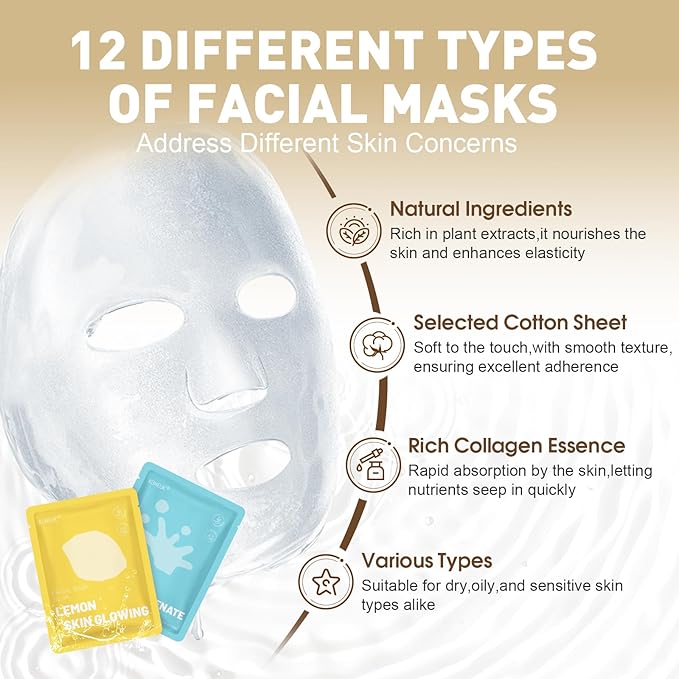 120 Pack Collagen Essence Sheet Face Masks Skincare, Moisturizing & Hydrating Face Mask for Skin Care, Bulk Face Masks for All Skin Types, Spa Party Gifts for Women (12 Types x 10 Pcs)-FlexoryFit