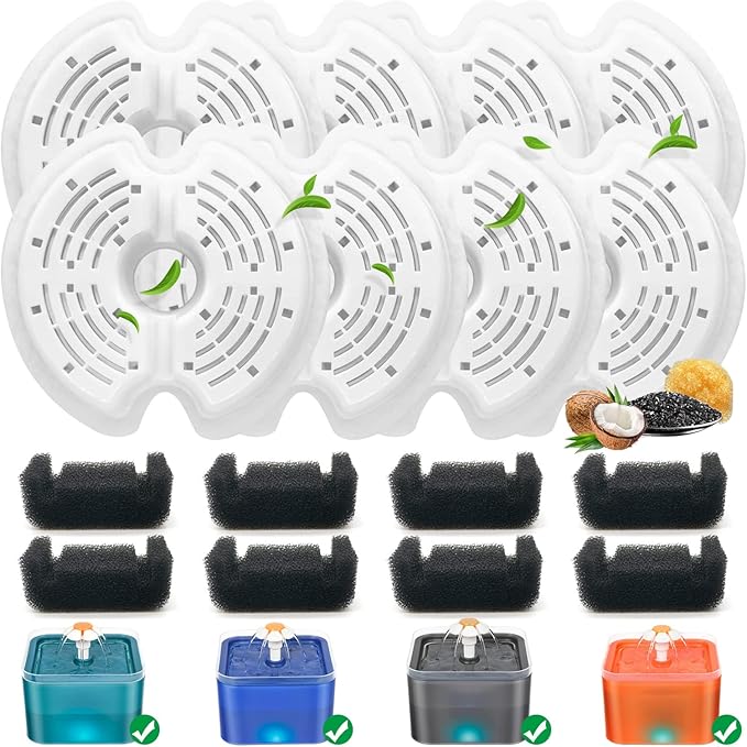 8 Pack - Cat - Water - Fountain - Filters with 8 Sponges, Replacement Filters for 67oz/2L Pet Drinking Fountain Dog Water Dispenser