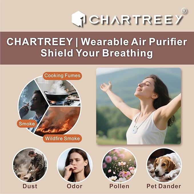 Personal Air Purifier, Chartreey® Wearable Air Purifier Necklace, True 199 million/cm³ Negative Ion, Portable Air Purifier Eliminates Dust, Pollen, Smoke for Outdoor, Travel(White)