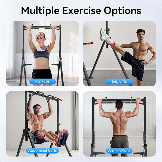 Foldable Power Tower Pull Up Bar Dip Station, 200kg/440.92lbs Triangular Pull Up Bar Station Adjustable, Multi-Function Strength Training Fitness Equipment for Home Gym