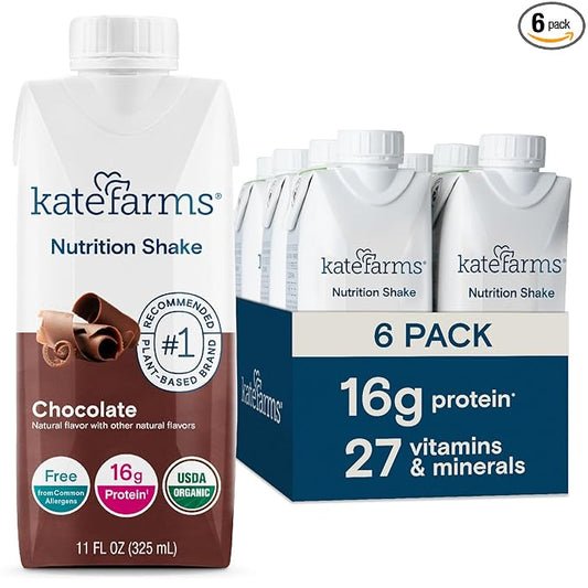 KATE FARMS Organic Nutrition Shake, Chocolate, 16g protein, 27 Vitamins and Minerals, Protein Meal Replacement Drink, Plant Based, 11 oz (6 Pack)-FlexoryFit