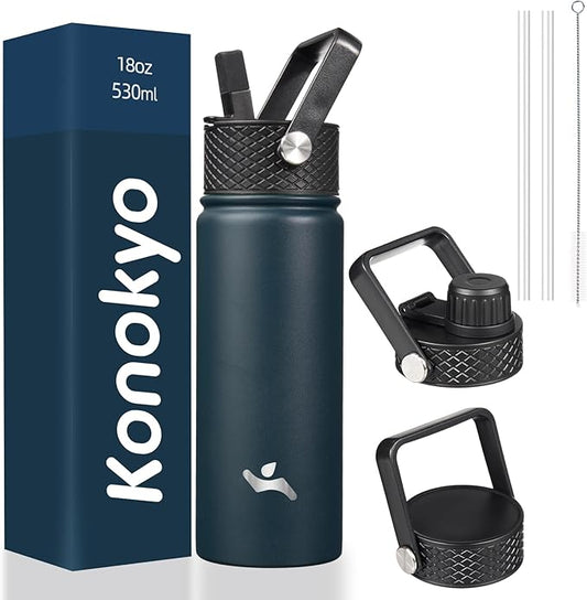 18 oz Insulated Water Bottle Stainless Steel Sport Bottles with 3 Lids,Navy Blue-FlexoryFit