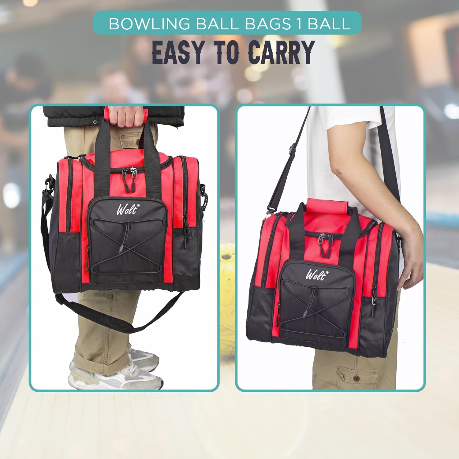WOLT Bowling Ball Bag for Single Ball - Bowling Ball Tote Bag with Padded Ball Holder, 2 Pockets fit Bowling Shoes Up to Mens Size 14 and Accessories