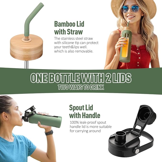 Kodrine Water Bottle with Straw, 24 oz Glass water Bottle with 2 Lids Bamboo Straw Lid and Spout Lid with Handle, 32 oz Clear Water Bottle Glass for Sports Travel, Waterbottle with Time Marker-FlexoryFit