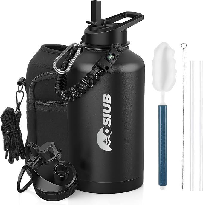 Insulated Water Bottle 64 oz, Triple Wall Vacuum Stainless Steel(Cold for 48 Hrs),Leak Proof & BPA-Free,Half Gallon Water Bottle with Reflective Paracord & Flip Straw for Sports & Travel, Black-FlexoryFit