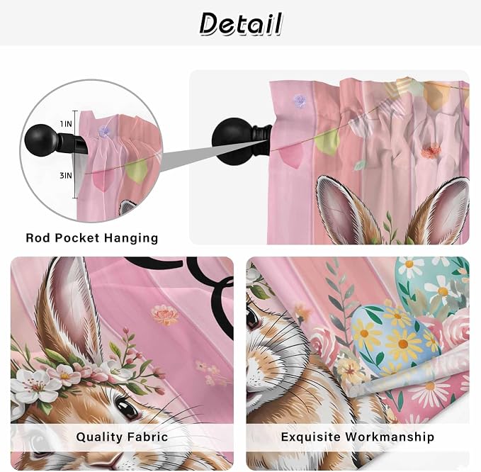 Easter Tier Curtains, Spring Rabbit Eggs Flowers Flags Leaves Wood Grain Light - Image 9