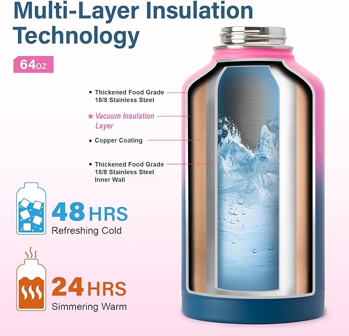 Insulated Water Bottle | Thickened Stainless Steel Vacuum Metal | Portable Sports Half Gallon Large Water Jug for Gym and Hiking with Straw, Carrier Bag, Handle Strap | BPA-Free 64 oz-FlexoryFit