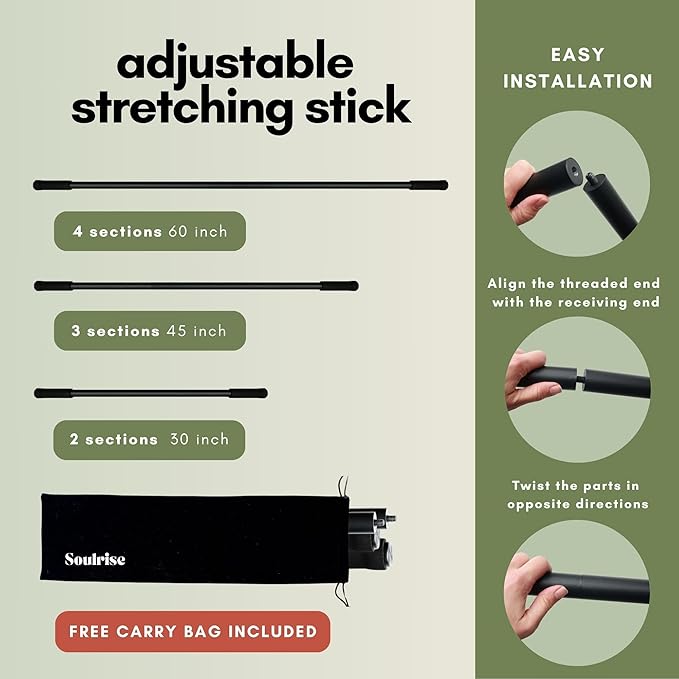 Yoga Stick for Mobility Exercise, Stretching, Pilates, Physical therapy, Fitness and other Workout - Adjustable 5 ft Pole will fix Posture, Stretch, Balance and Flexibility Training - Incl free E-book-FlexoryFit