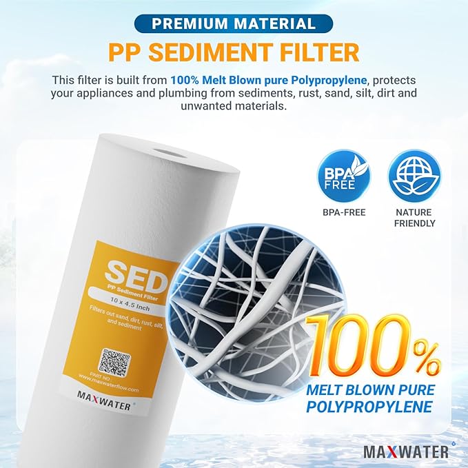 Max Water 1 Micron 10 x 4.5 inch Whole house Sediment Water Filter | Meltblown Polypropylene Well Water Filter Replacement Cartridges for DGD-5005, AP810, SDC-45-1001, GXWH30C, PP10BB (20 Pack)