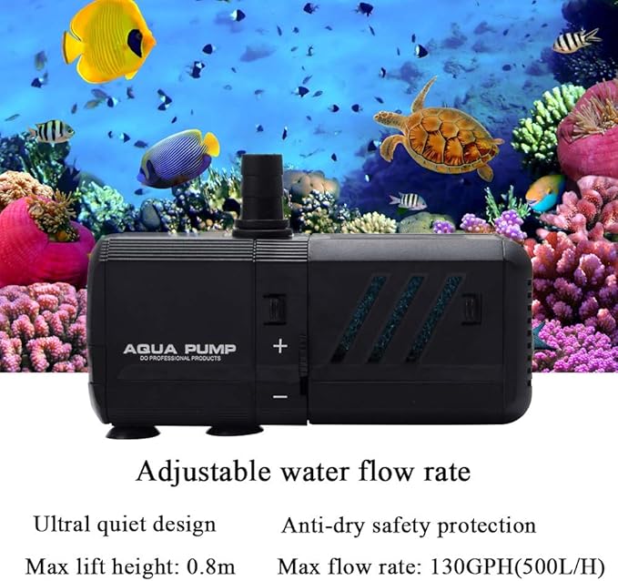 MQ 130GPH Submersible Water Pump (500L/H, 6W) with Filters and Water Nozzles, Ultra Quiet for Aquarium, Fish Tank, Pond, Fountain, Hydroponics