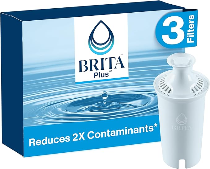 Brita Plus Water Filter, BPA-Free, High-Density Replacement Filter for Pitchers and Dispensers, Reduces 2x Contaminants*, Lasts Two Months or 40 Gallons, Includes 3 Filters