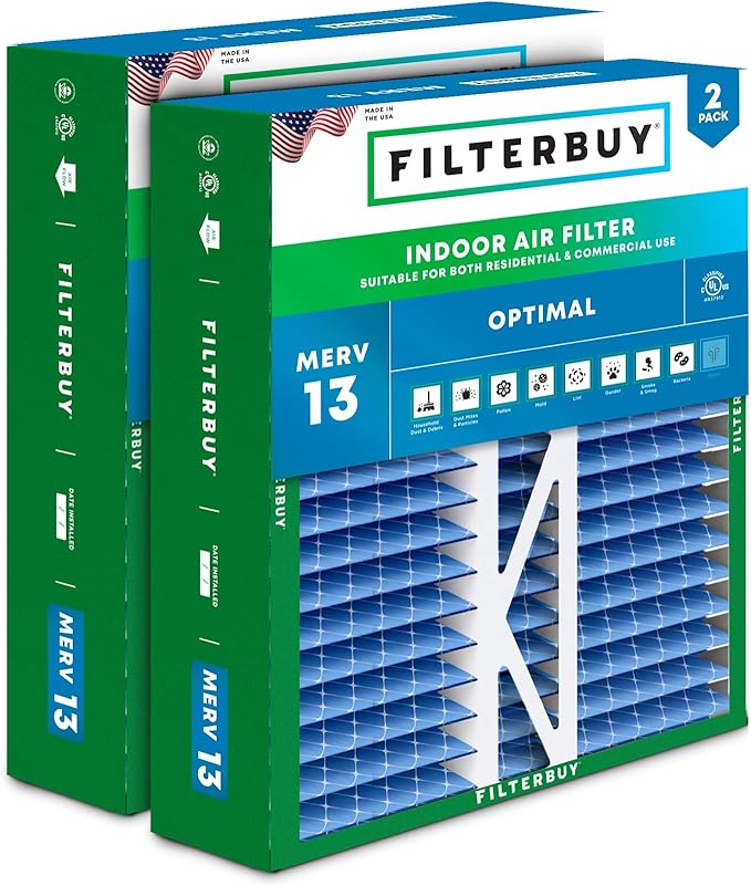 Filterbuy 16x22x5 Air Filter MERV 13 Optimal Defense (2-Pack), Pleated HVAC AC Furnace Air Filters Replacement for Amana, Coleman, Goodman, York, and More (Actual Size: 15.38 x 21.88 x 5.25 Inches)