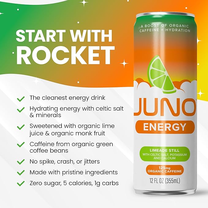 JUNO ENERGY Limeade Still Drink - Sugar Free Electrolytes 125mg Organic Caffeine from Green Coffee Beans, Hydrating with Monk Fruit Sweetener, Organic Lime Juice - Vegan, Gluten Free, 12 Pack-FlexoryFit