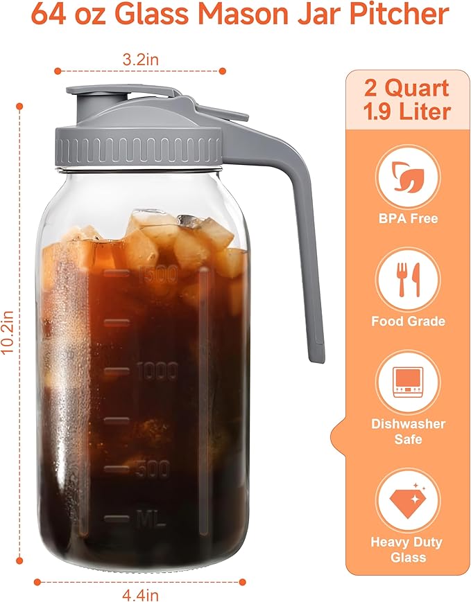 64oz Large Glass Pitcher with Lid & Spout,2 Quart Breastmilk Pitchers Upgraded Leak Proof, for Sun Tea, Iced Juice, Cold Brew Coffee, Breastmilk Storage Container-4PACK(Gray+Pink+Green+Yellow)