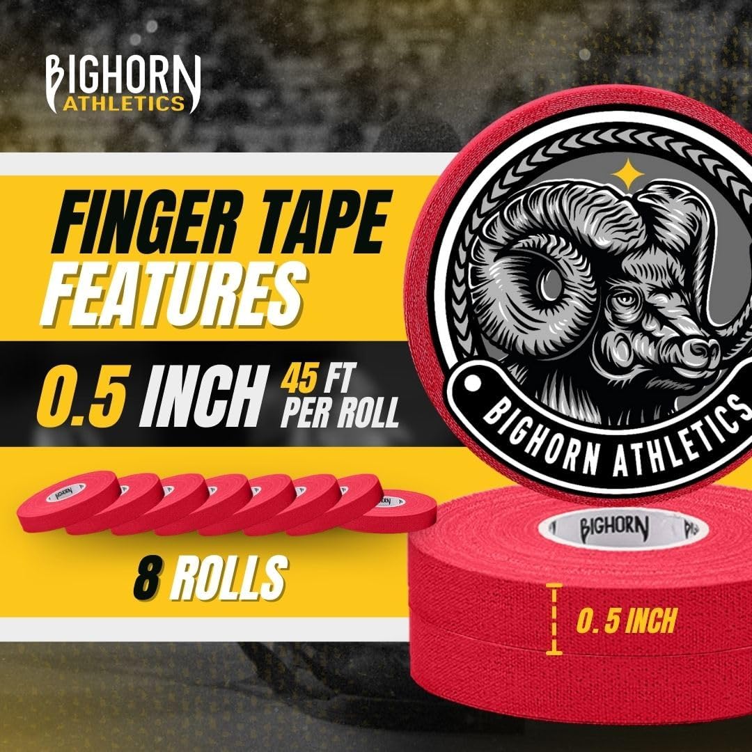 Bighorn Athletics Jiu Jitsu Finger Tape, Rock Climbing Tape | Multipurpose for Sports & Injuries: MMA, Volleyball, Football, Basketball, Tennis, Golf, Hands & Toes, 0.5-Inch x 45-feet, 8-Rolls, Red