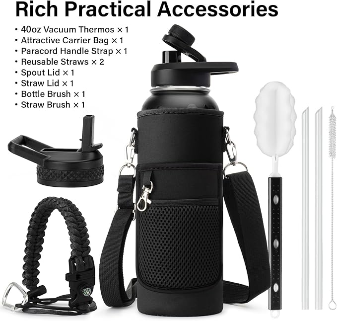 Insulated Water Bottle | Thickened Stainless Steel Vacuum Metal | Portable Sports Water Jug for Gym and Hiking with Straw, Carrier Bag, Handle Strap | BPA-Free 40 oz-FlexoryFit