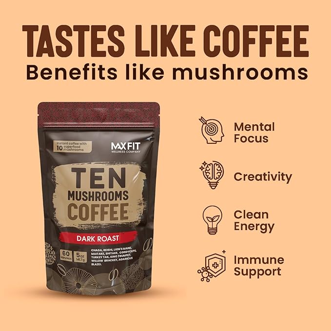 Instant Mushroom Coffee Dark Roast (60 Servings) With 10 Mushrooms (Lions Mane, Cordyceps, Turkey Tail & Other) Mixed With Gourmet 100% Arabica Instant Coffee for Focus & Gut Health Support-FlexoryFit