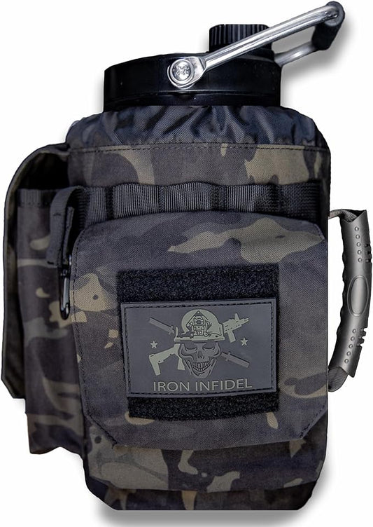 Iron Infidel Battle Bottle - One Gallon Insulated Water Bottle with Dual Carry Handles - 128 oz Tactical Stainless Steel Water Jug & Rugged Extra Large Sleeve With Storage (Black Camo 128 Ounces)-FlexoryFit