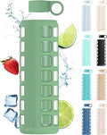 purifyou 40oz / 32oz / 22oz / 12oz Borosilicate Glass Water Bottle with Time & Volume Markers, Silicone Sleeve, Stainless Steel Lid | Reusable Glass Bottle for Water & Juice (32oz Shale Green)