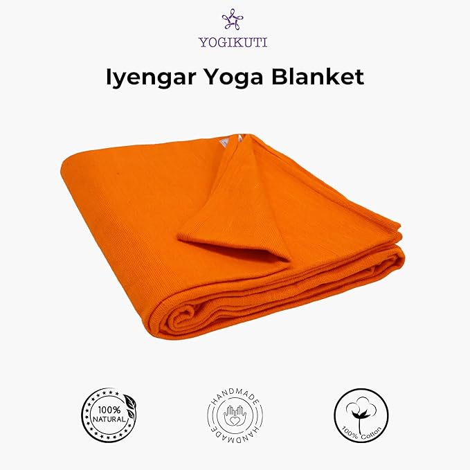 Yogikuti Iyengar Cotton Yoga Blanket Set of One – Thick Handwoven Yoga Blankets for Restorative Yoga, Meditation & Pranayama – Premium Cotton Yoga Blanket for Support & Comfort in Pranayama (Orange)-FlexoryFit