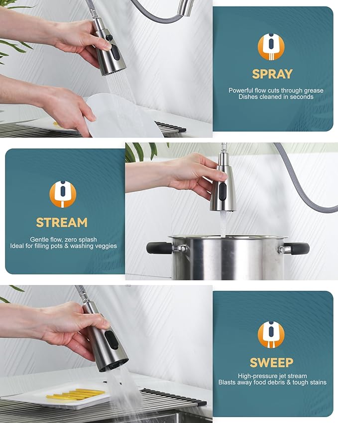WOWOW Kitchen Faucet with Soap Dispenser: 304 Stainless Steel Kitchen Sink Faucet with Pull Down Sprayer 3 Modes, Single Handle High Arc Mixer Taps for Sink, RV, Laundry, Bar (Brushed Nickel)