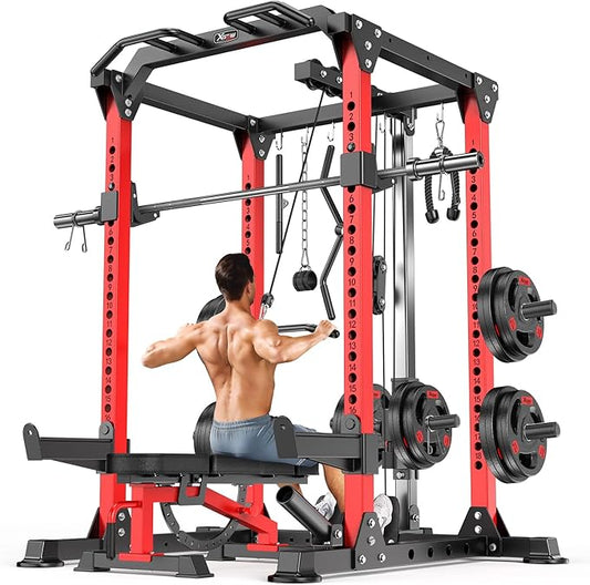 Power Cage,1600lbs Multi-Function Power Rack with Adjustable Cable Crossover System and More Training Attachment, Weight Cage for Home Gym-FlexoryFit
