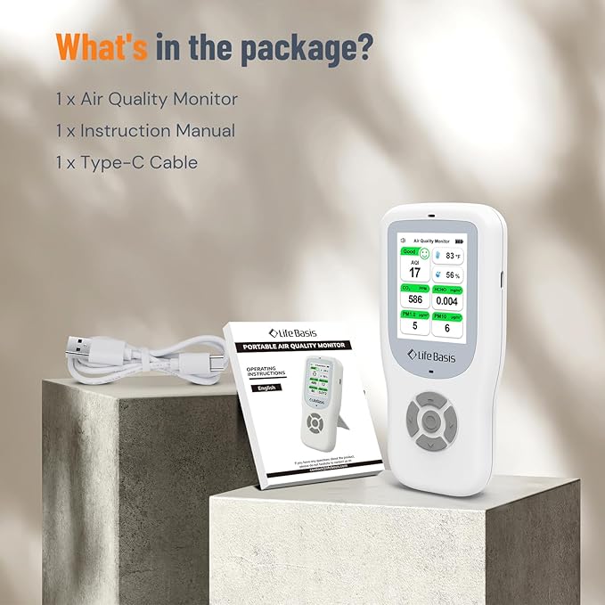 LifeBasis Air Quality Monitor Indoor, 11-in-1 Air Quality Detector with Stand, Real-Time Air Meter Test AQI, PM1.0, PM2.5, PM10, CO2, TVOC, HCHO, Particles, Temperature and Humidity with Alert -White
