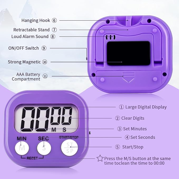 12 Pack Digital Kitchen Timer Magnetic Digital Timer with Big Display Loud Ring Cooking Timers for Kitchen Electronic Timer for Cooking, Bathing, Gym, Break Time, Classroom(12,White,Blue,Purple)-FlexoryFit