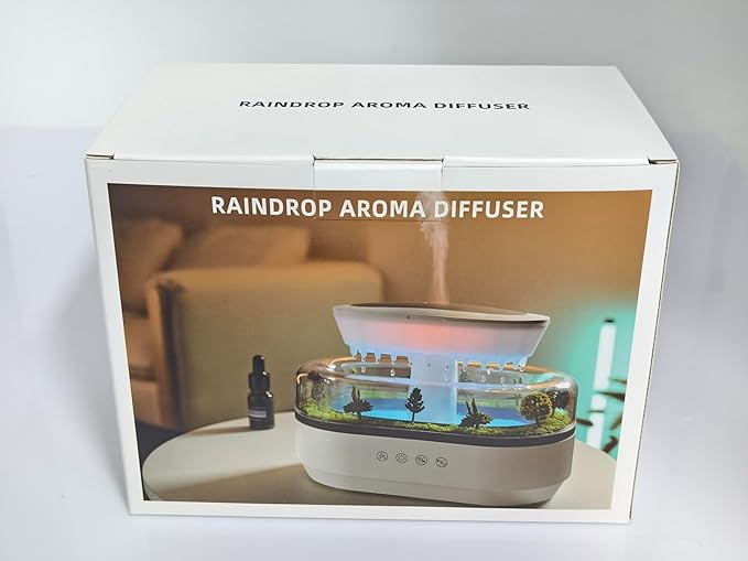 Essential Oil Flame Diffuser 250ml Cloud Rain Humidifier Water Drip Aromatherapy Diffuser Air Humidifier with 7 Colors Light, Micro Landscape, White Noise, Auto-Off for Home Office (White)