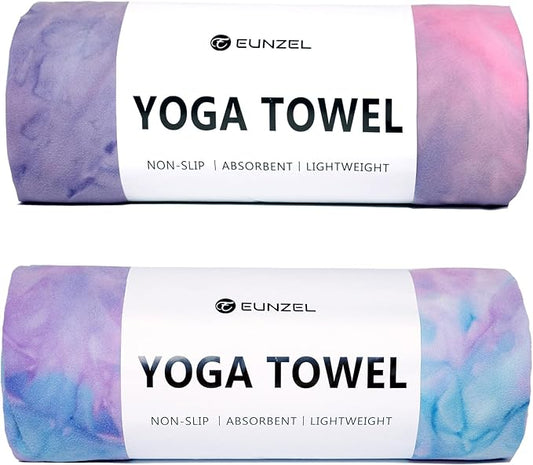 Eunzel 2 Pack Hot Yoga Towel Non Slip Yoga Mat Towel Non-Slip Sweat Absorbent Microfiber Towel for Hot Yoga, Pilates and Workout 72" x 26.5", Purple & Blue/Purple & Green-FlexoryFit