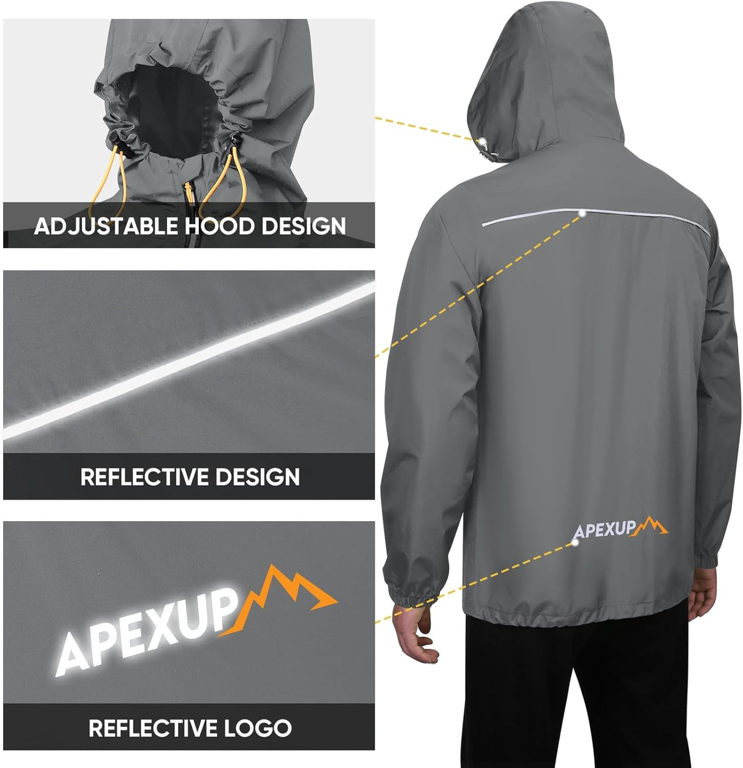 APEXUP Packable Rain Jacket Men with Reflective Zipper, Lightweight Waterproof Raincoat, Mens Rain Jacket for Outdoor Sports