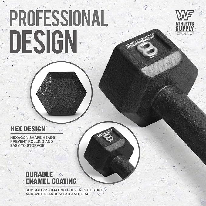 WF Athletic Supply Cast Iron Solid Hexagon Gray/Black Dumbbells, Strength Training Free Weights Set of 2 for Women and Men, Hand Weights Sold by Pairs, Multi-Select Size Options Available-FlexoryFit