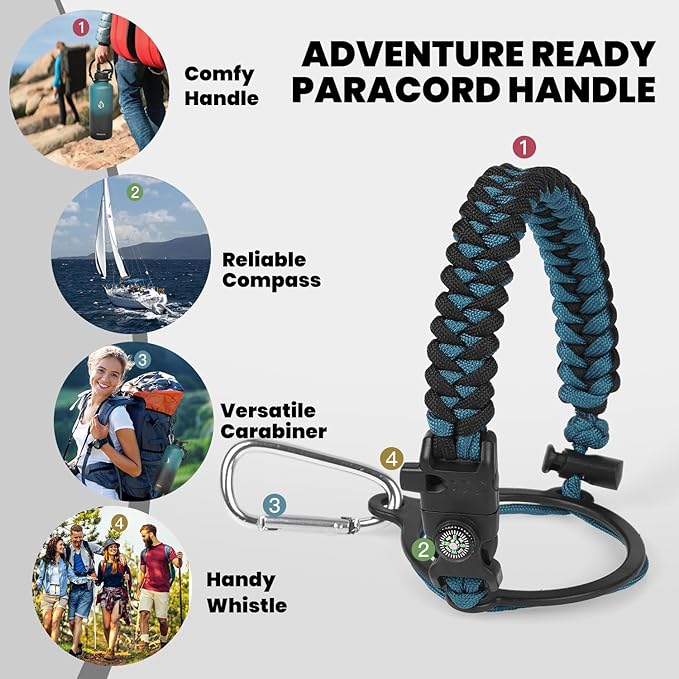 Insulated Water Bottle 87 oz, Triple Wall Vacuum Stainless Steel (Cold for 48 Hrs), Leak Proof & Non-BPA, Modern Water Flask Jug with Paracord Handle & Straw Spout Lids, Indigo/Black-FlexoryFit