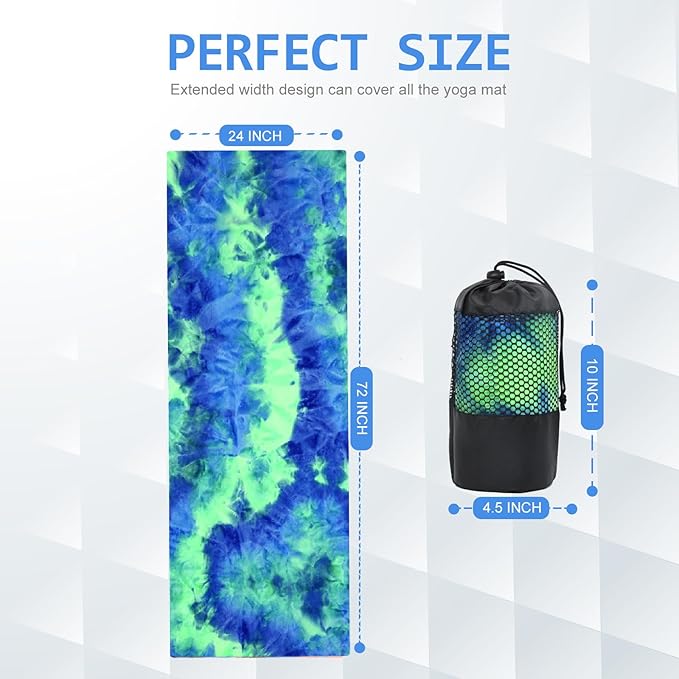 Eunzel Yoga Towel,Hot Yoga Mat Towel with Grip Dots Sweat Absorbent Non-Slip for Hot Yoga, Pilates and Workout 24" x72", Green & Blue-FlexoryFit