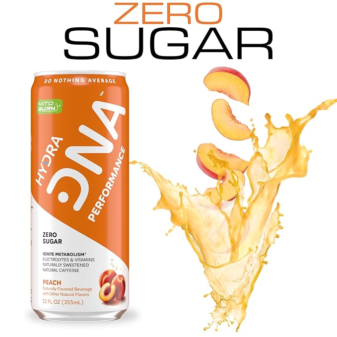 HYDRADNA- Clean Performance Drink, Zero Sugar | For Natural Fuel, Alertness, Boost, Stamina,120 mg Organic Caffeine, Natural Flavors, Zero Sucralose, Clean Ingredients (12 Pack) (12 Pack, Peach)-FlexoryFit
