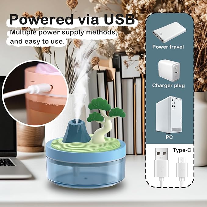 Cute Mini Humidifier 320mL Cool Mist Humidifie mute with 2 Mist Modes, for Home/Nursery/Office, Portable Mini Air Moisturizer,rechargeable mini humidifier(Coconut tree)